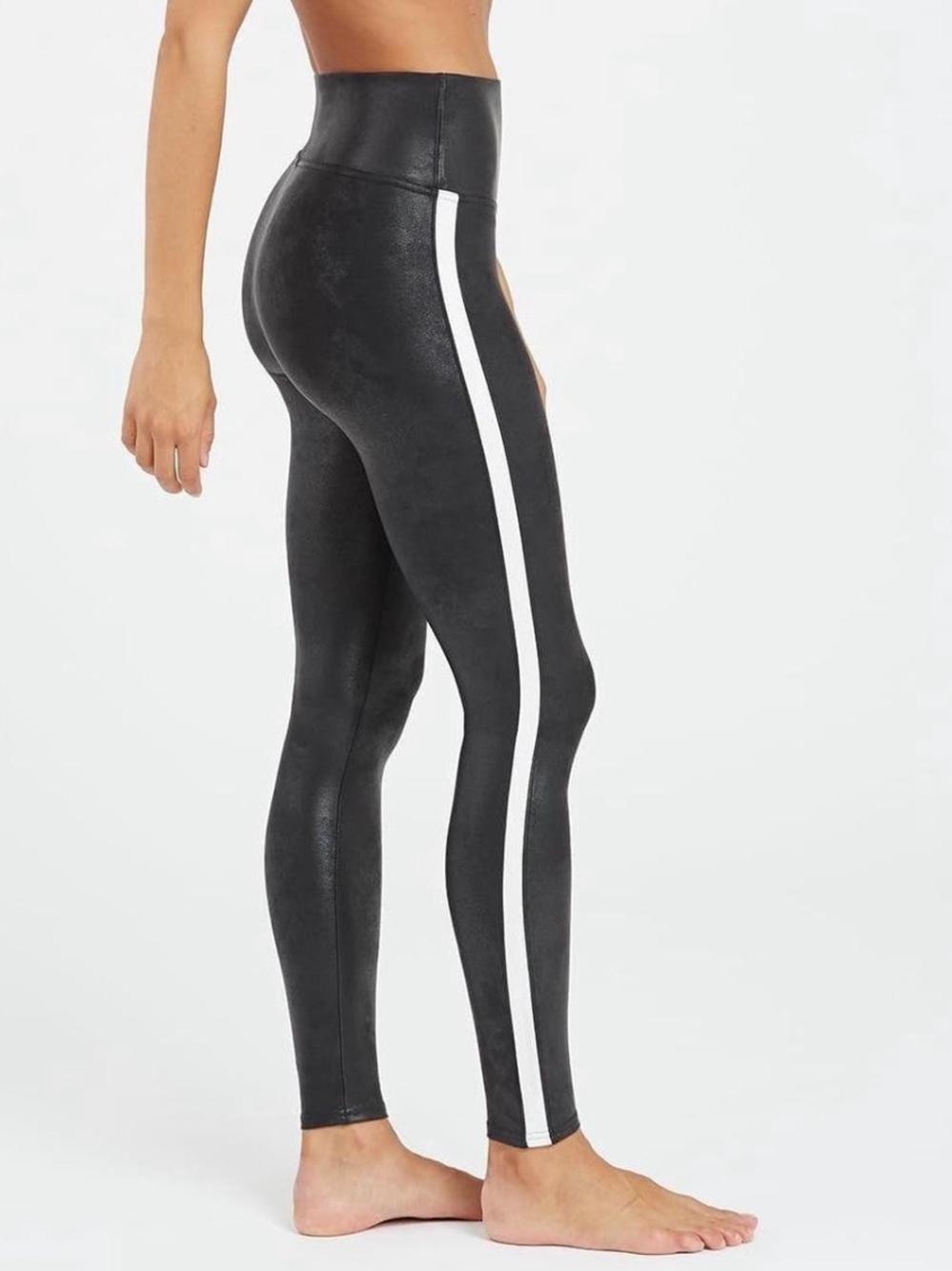 SPANX Black High-Rise Faux-Leather Leggings with White Side Stripe